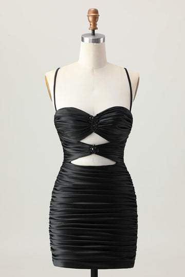 Cut Out Spaghetti Straps Ruched Tight Black Homecoming Dress
